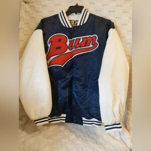 Blue and White Varsity Bomber Jacket with Ribbed Trim